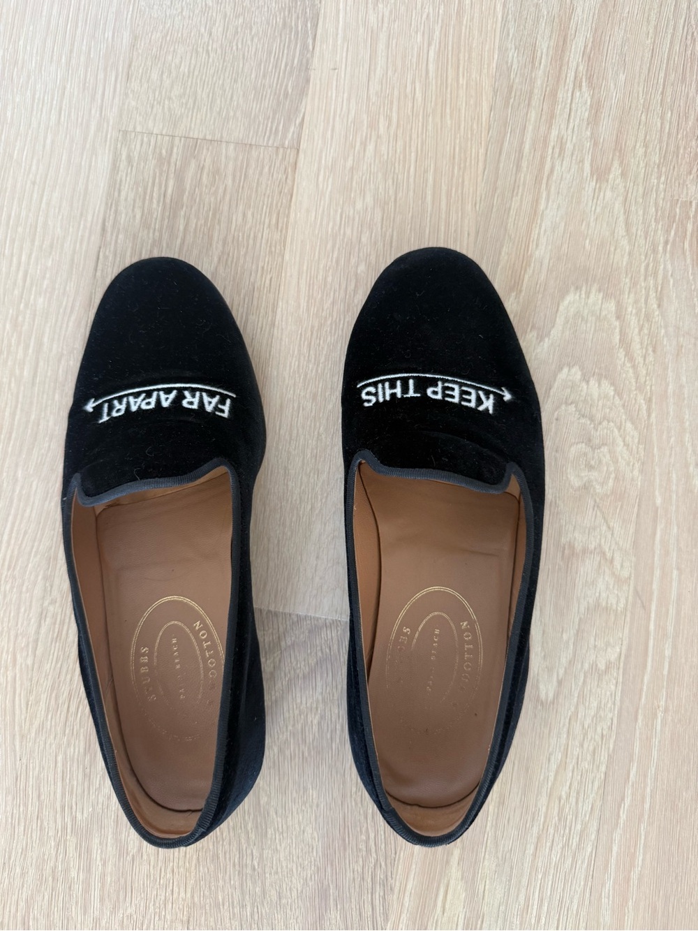 Stubbs & Wootton Men's Black Velvet Slip-On Loafers with White Embroidered Text